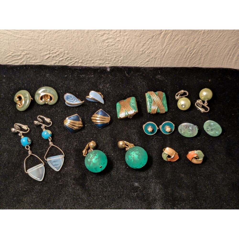 Vintage Ten Pair Blue/Green Theme Clip On Earring Lot